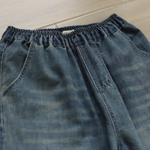 Quần baggy denim lửng lưng thun thêu chiếc ô - Q155