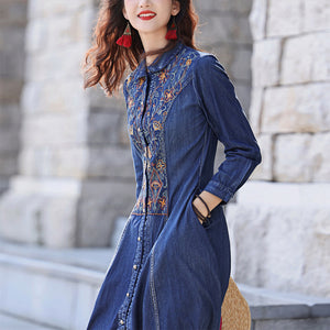 Đầm liền denim dài tay cổ cánh sen thêu hoa văn cân đối - NU9210