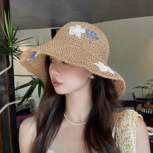 Mũ cói móc tay retro vành rộng thêu hoa - M015
