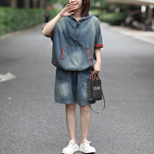 Bộ đồ denim gồm quần sooc  và áo hoodies ngắn tay - B001