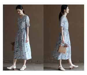 Đầm liền linen ngắn tay cổ V in những cánh bướm - NU10020