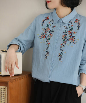 Áo sơ mi linen dài tay cổ đức thêu hoa lá đối xứng trước ngực - NU9938