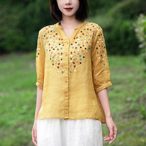 Áo sơ mi linen ngắn tay cổ V thêu hoa liti màu sắc - NU9845