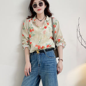 Áo sơ mi linen dài tay cổ pipi in hoa đỏ - A684