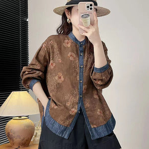 Áo sơ mi dài tay cổ đứng in hoa lá retro phối denim - NU9646