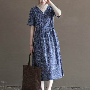 Đầm liền linen ngắn tay cổ V in hoa liti ba khuy - NU10024