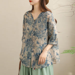 Áo sơ mi linen ngắn tay cổ V in màu nước một túi - NU10245