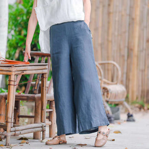 Quần baggy linen lưng thun kiểu dây rút ống rộng - NU8234