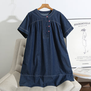 Đầm liền denim ngắn tay xòe cổ tròn khuy cài - NU10374