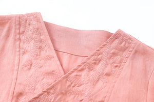Đầm liền linen ngắn tay cổ V thêu hoa văn retro trước ngực - NU9902