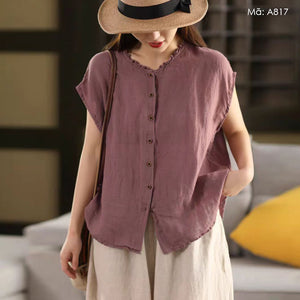 Áo sơ mi linen sát nách cổ tròn xếp ly - A812