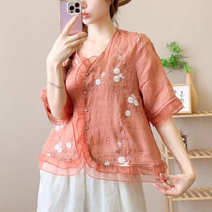 Áo sơ mi linen ngắn tay cổ V thêu hoa lá bo ren - A968