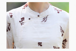 Đầm liền linen ngắn tay cổ tàu thêu hoa oải hương - NU10511