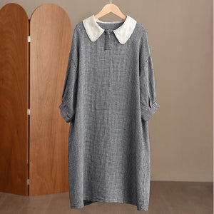 Đầm liền linen ngắn tay cổ cánh sen kẻ caro - NU10189