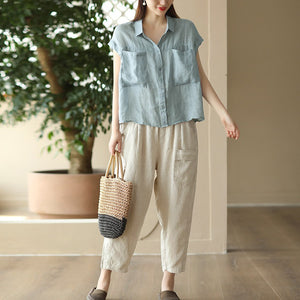Áo sơ mi linen sát nách cổ đức hai túi vuông lớn - NU9799