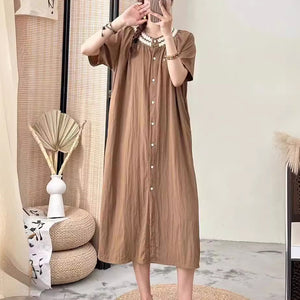 Đầm liền linen ngắn tay cổ tròn đính ren khuy cài - NU9944