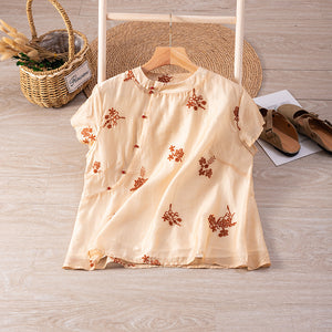 Áo sơ mi linen ngắn tay cổ đứng thêu hoa lá xoắc ốc - NU9991