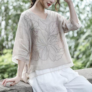 Áo sơ mi linen ngắn tay cổ V thêu hoa nổi hai lớp - NU9860