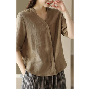 Áo sơ mi linen đơn sắc ngắn tay cổ V kiểu giấu khuy - NU8961