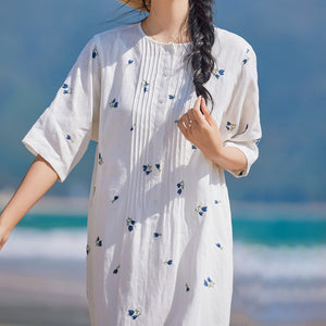 Đầm liền linen ngắn tay cổ tròn thêu hoa tulip - NU9905