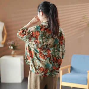 Áo sơ mi ngắn tay cổ đức in hoa lá retro - A054