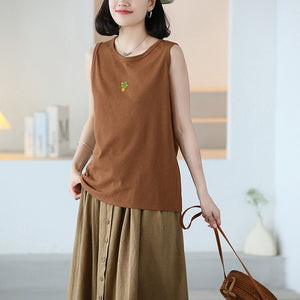 Áo T-shirt sát nách cổ tròn thêu cây xương rồng - NU10464