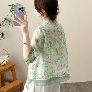 Áo sơ mi linen ngắn tay cổ V đính ren in hoa lá - NU9814