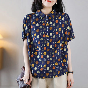 Áo sơ mi ngắn tay cổ đức in hoa lá retro khuy vạt - NU8845