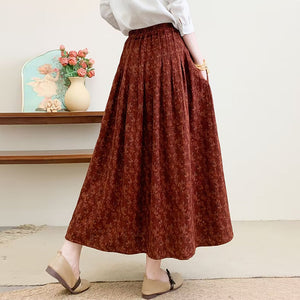 Chân váy retro lưng thun xếp ly in hoa liti - V011