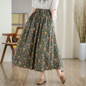 Chân váy linen lưng thun dây rút in hoa vintage - NU10179