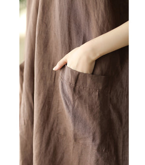 Đầm liền linen ngắn tay cổ tròn khuy cài sau hai túi vuông - D006