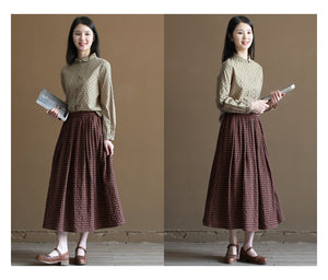 Chân váy linen retro lưng thun kẻ sọc caro - NU10021