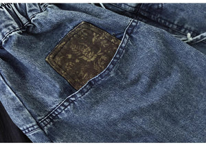 Chân váy denim lưng thun thêu hoa lá hia túi ngang - NU10150