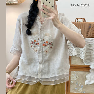 Áo sơ mi organza ngắn tay cổ V thêu hoa lá - NU9808