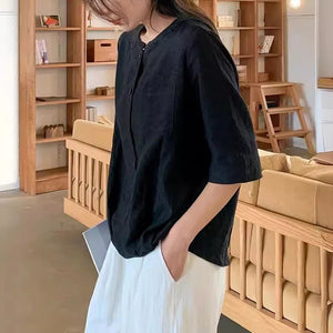 Áo sơ mi linen ngắn tay cổ tròn một túi retro - NU9980