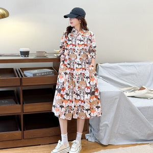 Đầm liền linen dài tay cổ pipi in hoạt hình kiểu sơ mi - D035