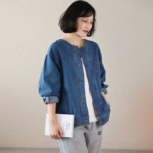 Áo khoác denim retro dài tay cổ tròn một túi vuông - NU9098