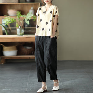 Áo T-shirt linen ngắn tay cổ V chấm bi - NU8683