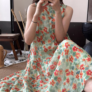 Đầm liền linen sát nách cổ tròn in hoa lá - NU8967