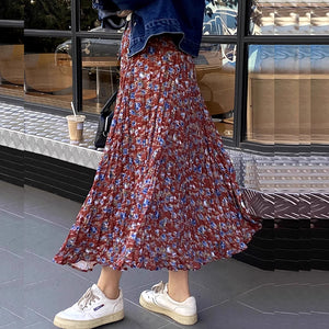 Chân váy linen retro lưng thun xếp ly in hoa lá - NU10041