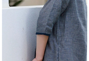 Đầm liền linen ngắn tay cổ V kẻ caro eo thắt dây - NU8786