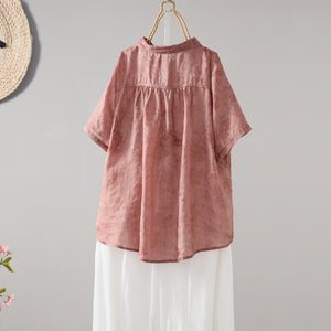 Áo sơ mi linen ngắn tay cổ pipi in hoa lá một túi nhỏ - NU8871