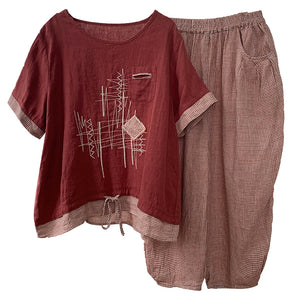 Bộ đồ linen gồm áo T-shirt ngắn tay hoa văn trừu tượng và quần baggy caro - NU8957