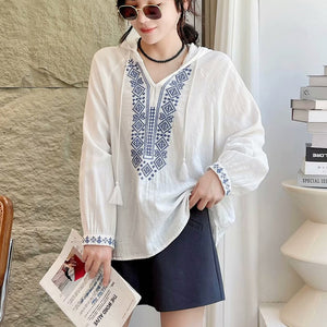 Áo hoodies sơ mi linen dài tay thêu hoa văn retro đối xứng - NU9740