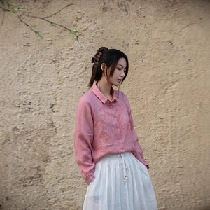 Áo sơ mi croptop dài tay linen cổ đức thêu hoa lá - A965