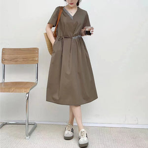 Đầm liền retro ngắn tay cổ V phối caro - NU9893