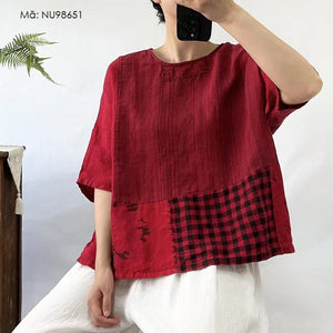 Áo T-shirt linen ngắn tay cổ tròn phối caro - NU9865