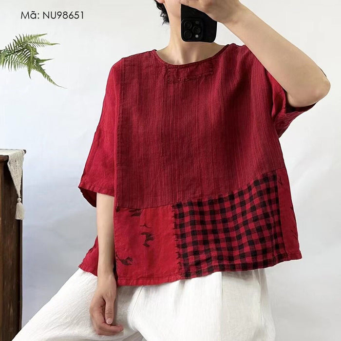 Áo T-shirt linen ngắn tay cổ tròn phối caro - NU9865