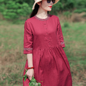 Đầm liền linen dài tay cổ tròn viền in hoa retro - NU9547