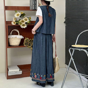 Áo khoác gile denim cổ tròn thêu hoa hoa văn thổ cẩm - A960